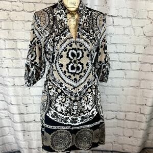 Paisley Shirt / Dress Chinese Collar Ties Under Bust Brown/Beige L
